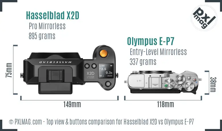 Hasselblad X2D vs Olympus E-P7 top view buttons comparison