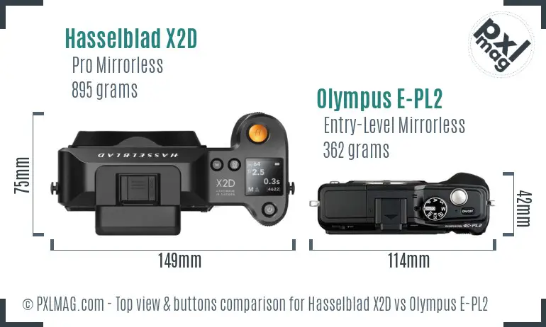 Hasselblad X2D vs Olympus E-PL2 top view buttons comparison