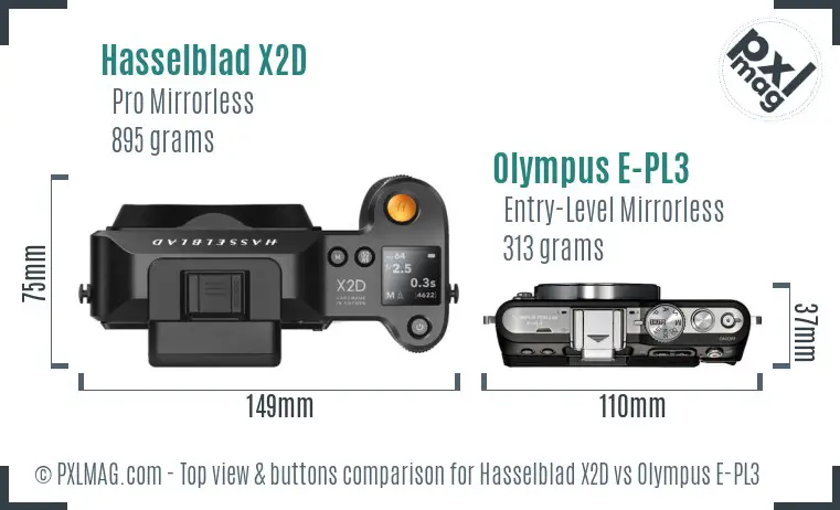 Hasselblad X2D vs Olympus E-PL3 top view buttons comparison Hasselblad X2D vs Olympus E-PL3 top view buttons comparison