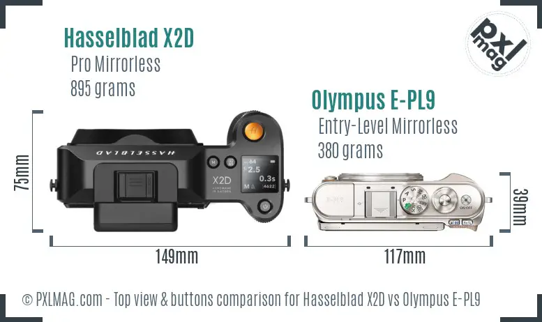 Hasselblad X2D vs Olympus E-PL9 top view buttons comparison