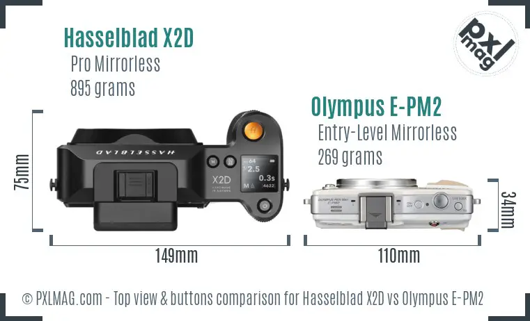 Hasselblad X2D vs Olympus E-PM2 top view buttons comparison