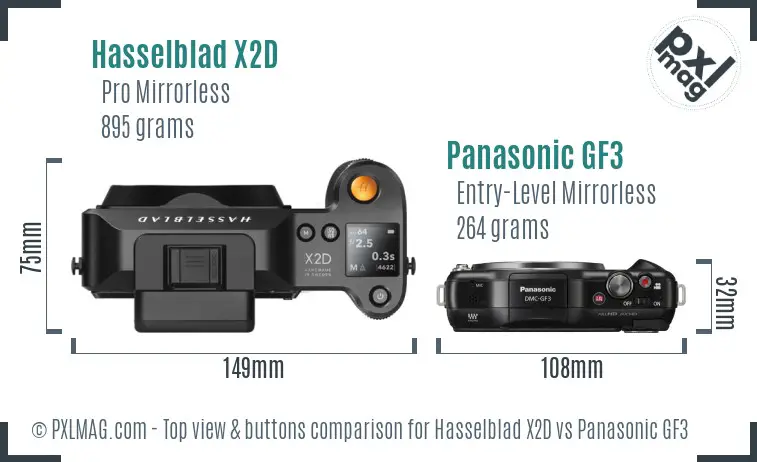 Hasselblad X2D vs Panasonic GF3 top view buttons comparison