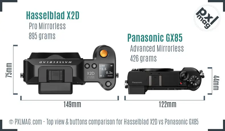 Hasselblad X2D vs Panasonic GX85 top view buttons comparison Hasselblad X2D vs Panasonic GX85 top view buttons comparison