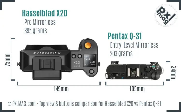 Hasselblad X2D vs Pentax Q-S1 top view buttons comparison