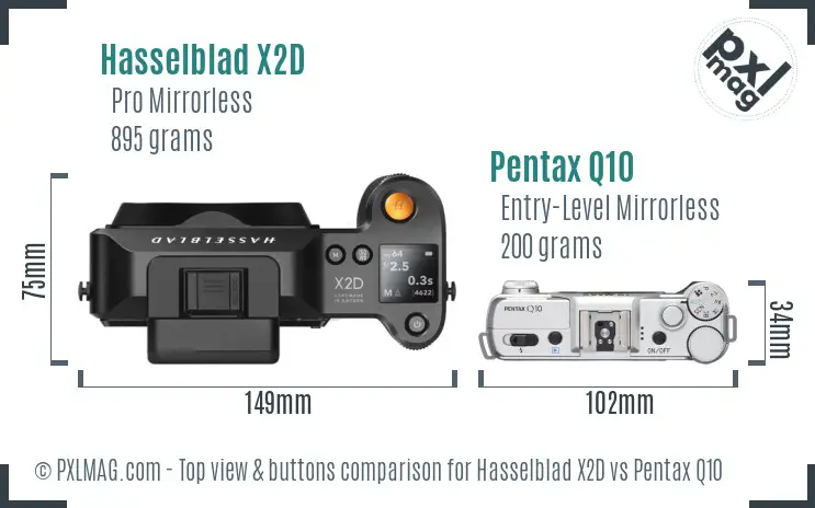 Hasselblad X2D vs Pentax Q10 top view buttons comparison