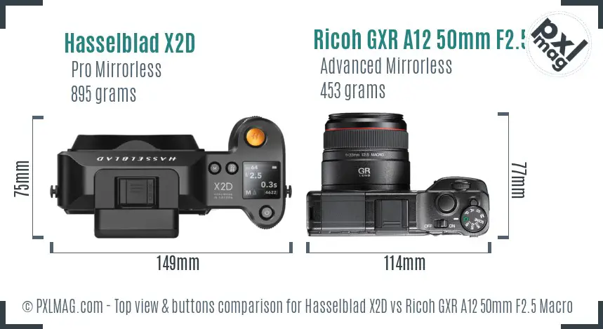 Hasselblad X2D vs Ricoh GXR A12 50mm F2.5 Macro top view buttons comparison