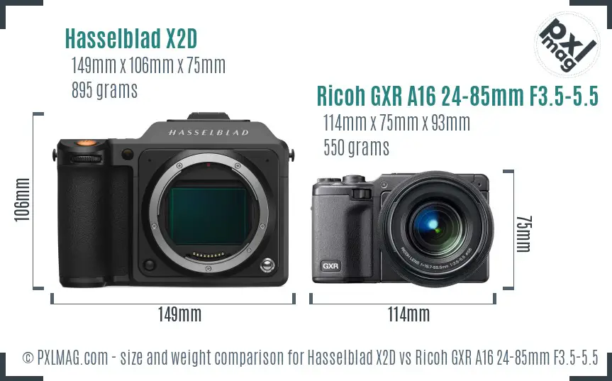 Hasselblad X2D vs Ricoh GXR A16 24-85mm F3.5-5.5 size comparison