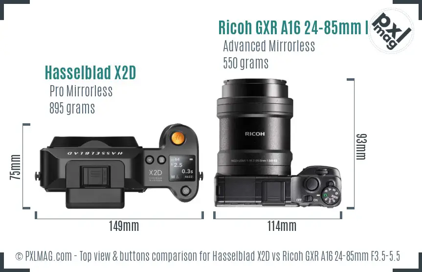 Hasselblad X2D vs Ricoh GXR A16 24-85mm F3.5-5.5 top view buttons comparison