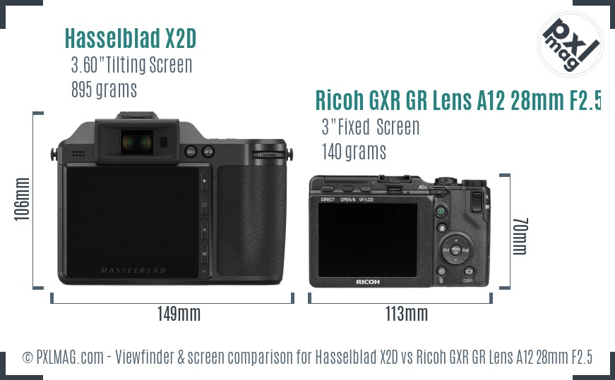 Hasselblad X2D vs Ricoh GXR GR Lens A12 28mm F2.5 Screen and Viewfinder comparison