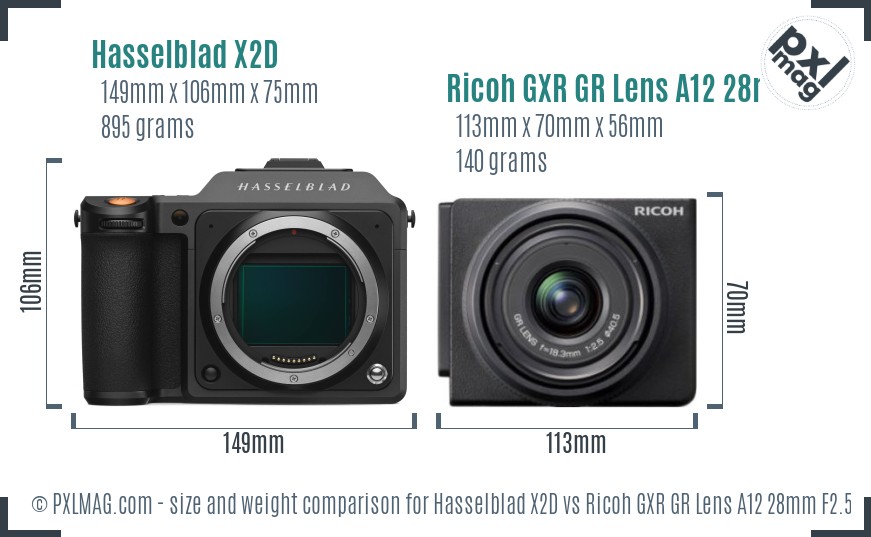 Hasselblad X2D vs Ricoh GXR GR Lens A12 28mm F2.5 size comparison