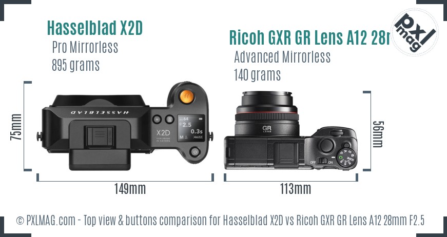 Hasselblad X2D vs Ricoh GXR GR Lens A12 28mm F2.5 top view buttons comparison