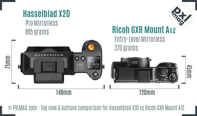 Hasselblad X2D vs Ricoh GXR Mount A12 top view buttons comparison
