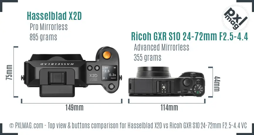 Hasselblad X2D vs Ricoh GXR S10 24-72mm F2.5-4.4 VC top view buttons comparison