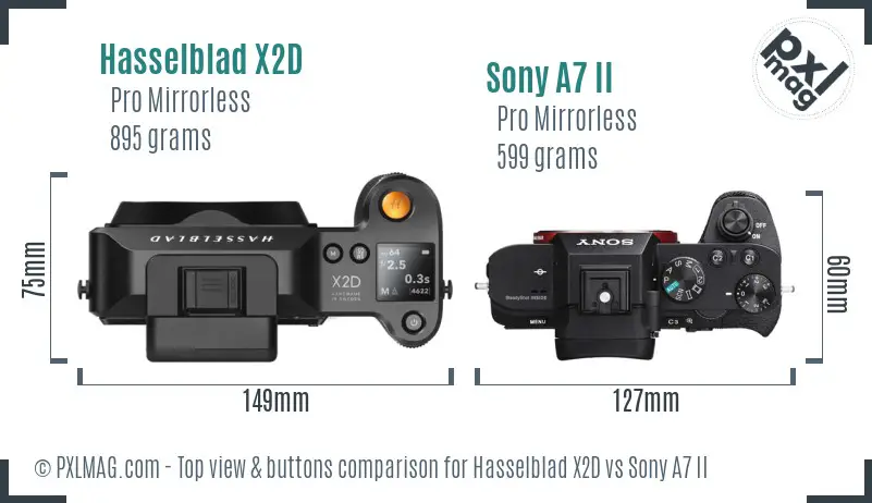 Hasselblad X2D vs Sony A7 II top view buttons comparison
