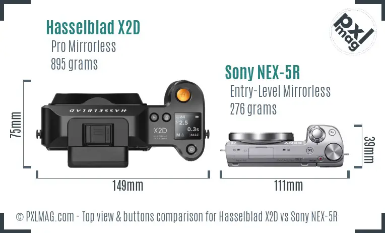 Hasselblad X2D vs Sony NEX-5R top view buttons comparison