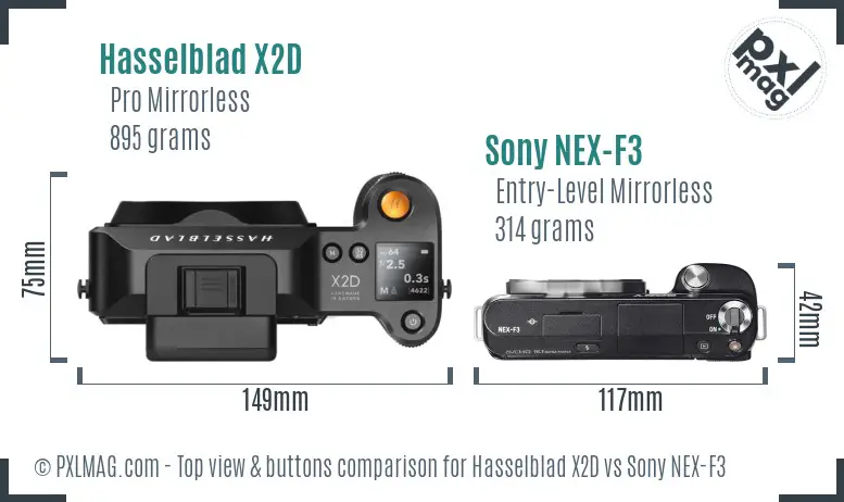 Hasselblad X2D vs Sony NEX-F3 top view buttons comparison