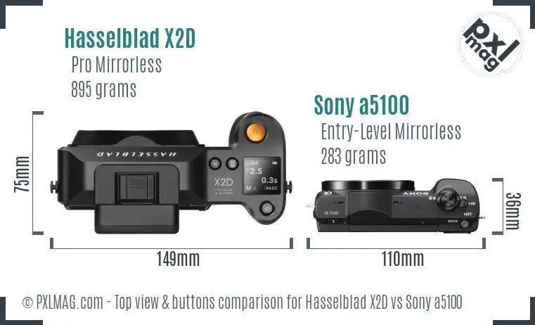 Hasselblad X2D vs Sony a5100 top view buttons comparison