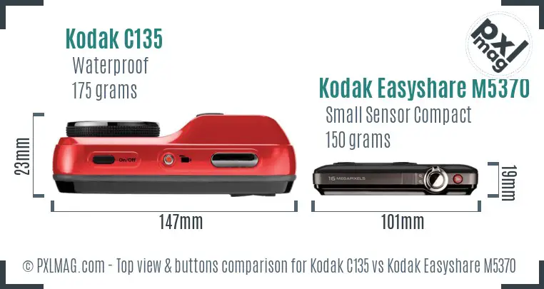 Kodak C135 vs Kodak Easyshare M5370 top view buttons comparison Kodak C135 vs Kodak Easyshare M5370 top view buttons comparison