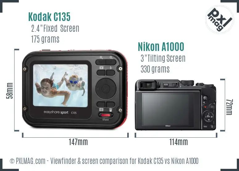 Kodak C135 vs Nikon A1000 Screen and Viewfinder comparison