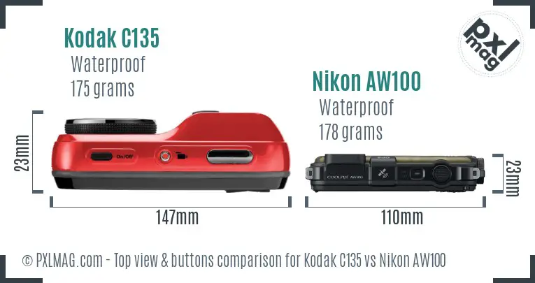 Kodak C135 vs Nikon AW100 top view buttons comparison Kodak C135 vs Nikon AW100 top view buttons comparison