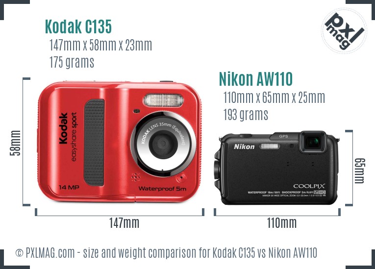 Kodak C135 vs Nikon AW110 size comparison