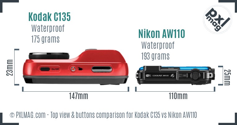 Kodak C135 vs Nikon AW110 top view buttons comparison