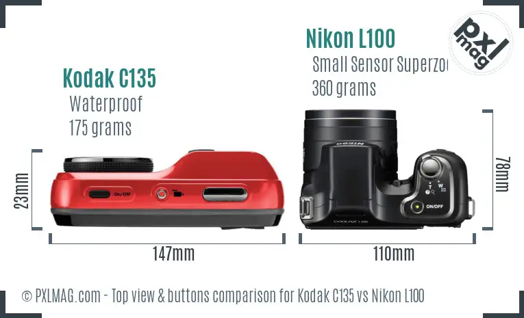 Kodak C135 vs Nikon L100 top view buttons comparison