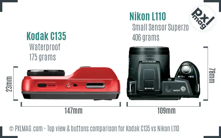 Kodak C135 vs Nikon L110 top view buttons comparison