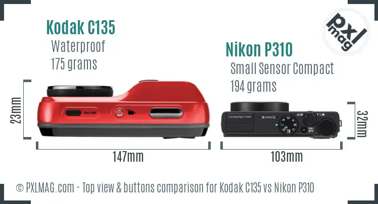 Kodak C135 vs Nikon P310 top view buttons comparison