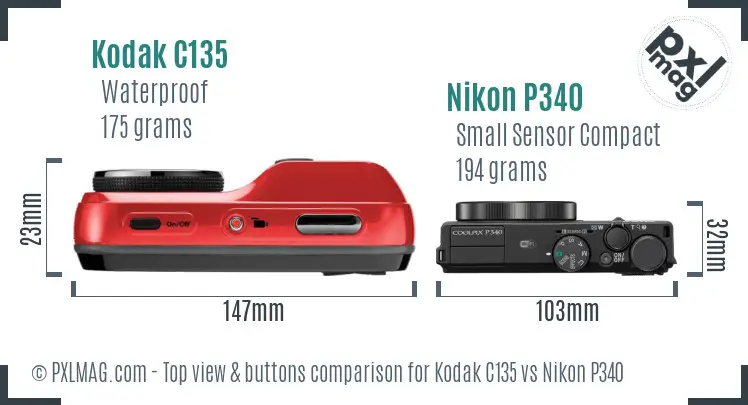 Kodak C135 vs Nikon P340 top view buttons comparison