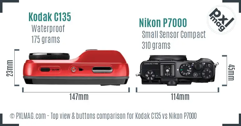 Kodak C135 vs Nikon P7000 top view buttons comparison Kodak C135 vs Nikon P7000 top view buttons comparison