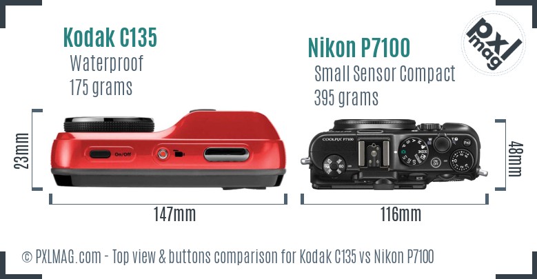 Kodak C135 vs Nikon P7100 top view buttons comparison
