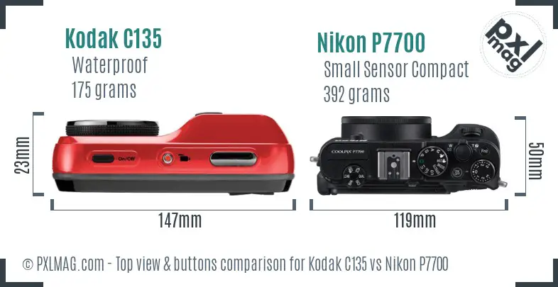 Kodak C135 vs Nikon P7700 top view buttons comparison