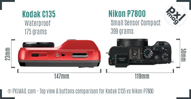 Kodak C135 vs Nikon P7800 top view buttons comparison Kodak C135 vs Nikon P7800 top view buttons comparison
