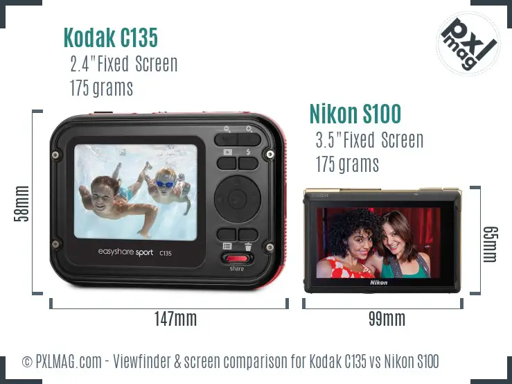 Kodak C135 vs Nikon S100 Screen and Viewfinder comparison