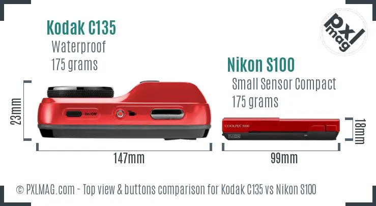 Kodak C135 vs Nikon S100 top view buttons comparison