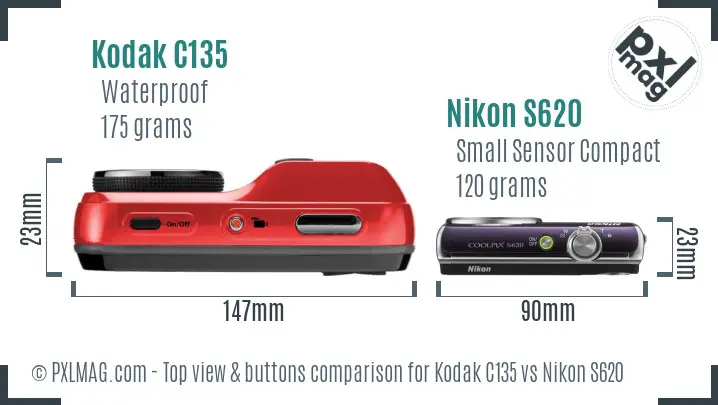 Kodak C135 vs Nikon S620 top view buttons comparison
