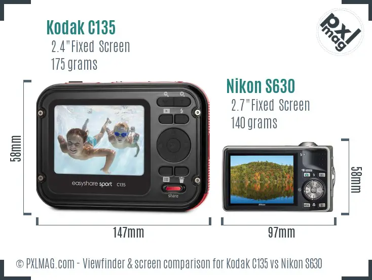Kodak C135 vs Nikon S630 Screen and Viewfinder comparison
