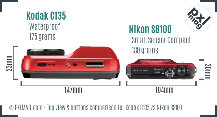 Kodak C135 vs Nikon S8100 top view buttons comparison