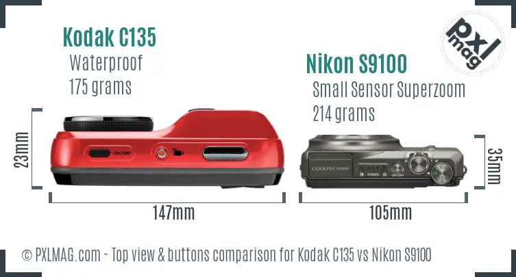 Kodak C135 vs Nikon S9100 top view buttons comparison