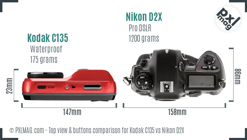 Kodak C135 vs Nikon D2X top view buttons comparison