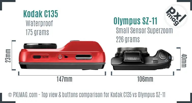 Kodak C135 vs Olympus SZ-11 top view buttons comparison Kodak C135 vs Olympus SZ-11 top view buttons comparison