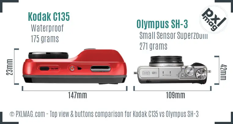 Kodak C135 vs Olympus SH-3 top view buttons comparison