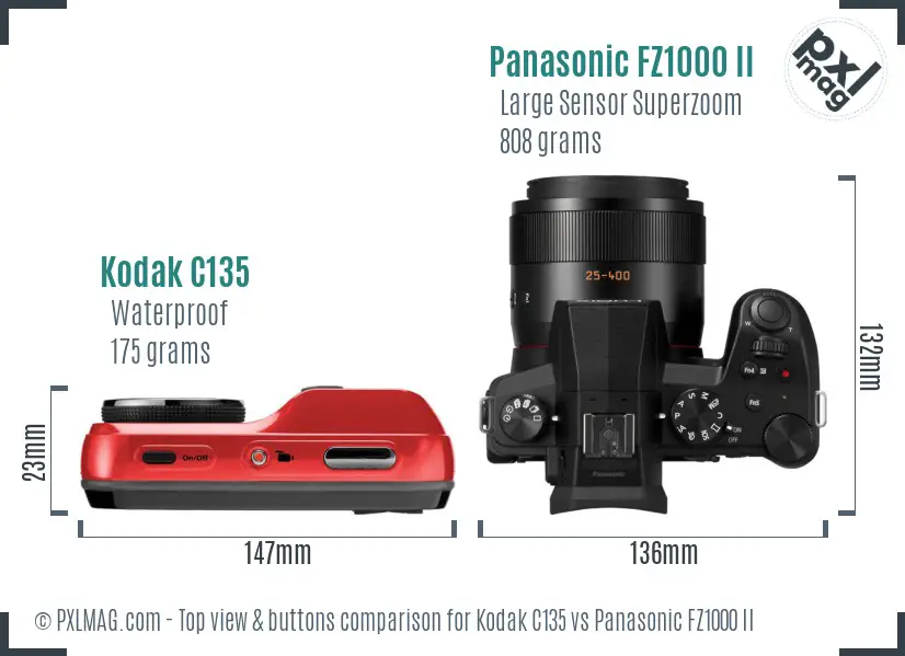 Kodak C135 vs Panasonic FZ1000 II top view buttons comparison