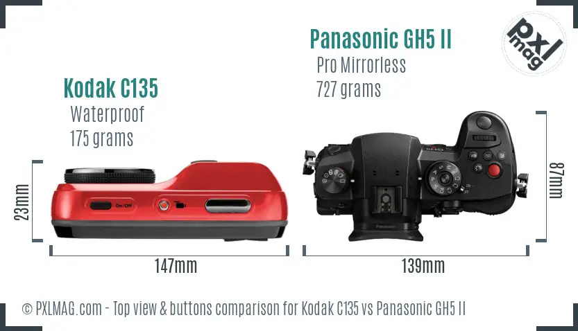 Kodak C135 vs Panasonic GH5 II top view buttons comparison
