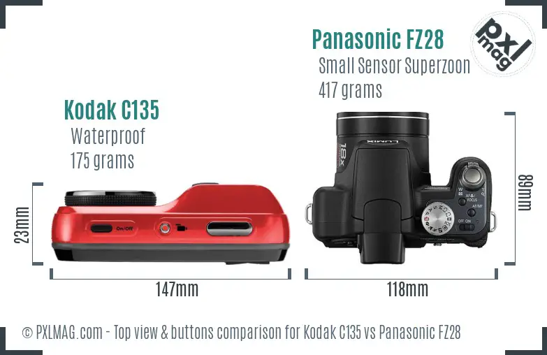 Kodak C135 vs Panasonic FZ28 top view buttons comparison