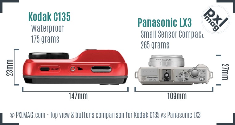 Kodak C135 vs Panasonic LX3 top view buttons comparison