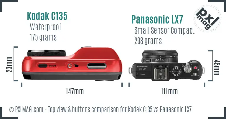 Kodak C135 vs Panasonic LX7 top view buttons comparison Kodak C135 vs Panasonic LX7 top view buttons comparison