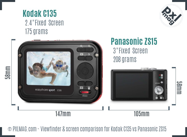 Kodak C135 vs Panasonic ZS15 Screen and Viewfinder comparison