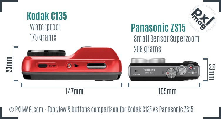 Kodak C135 vs Panasonic ZS15 top view buttons comparison